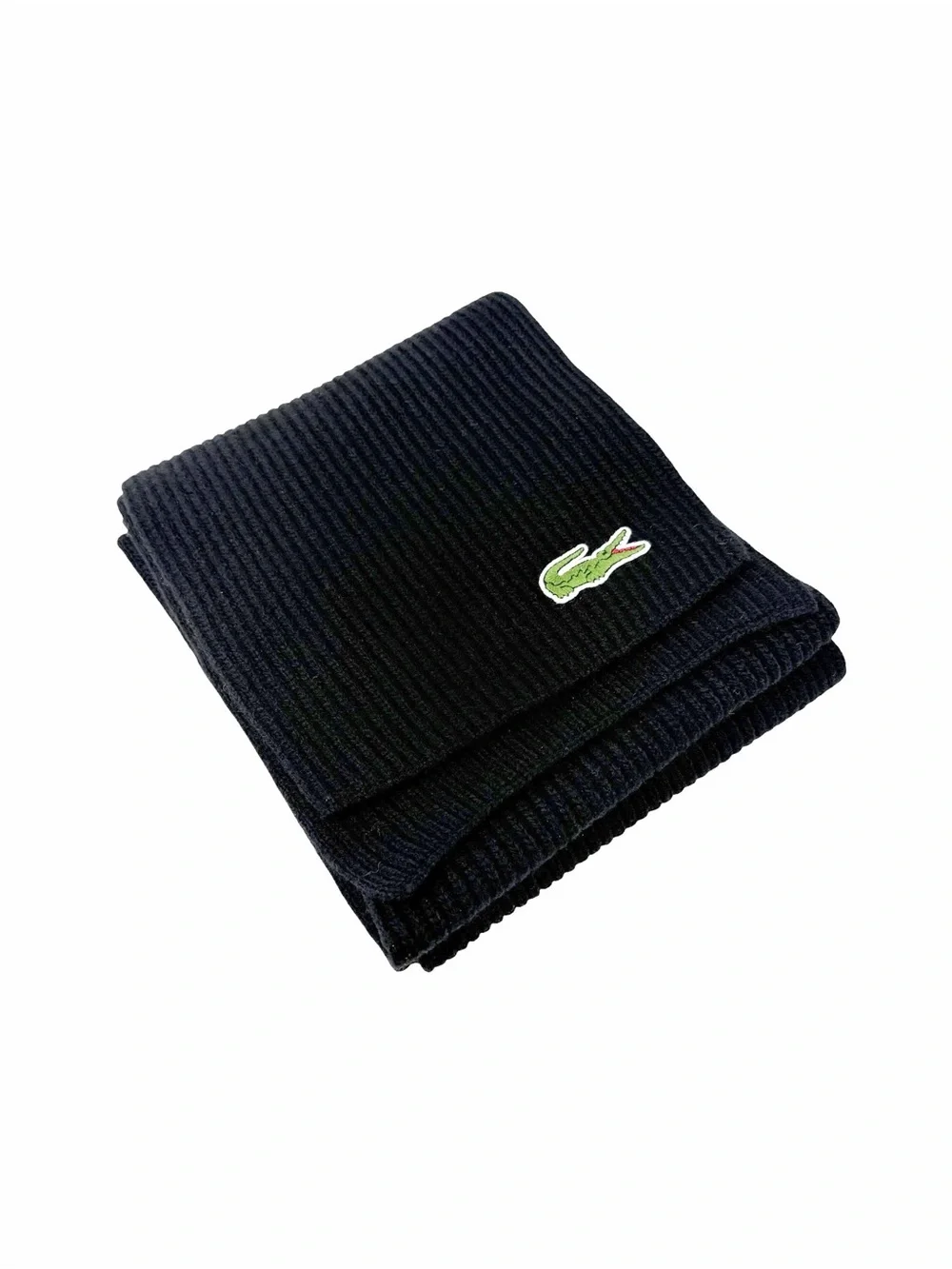 Lacoste Black Ribbed Knit Wool Scarf Unisex